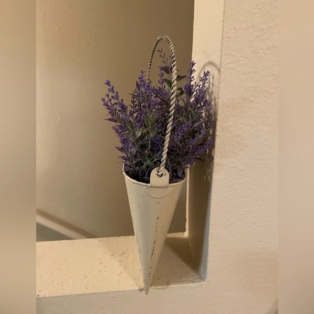 Lavender Florals in Metal Planter.Hand Painted with added Bird Transfer.Can Hsng